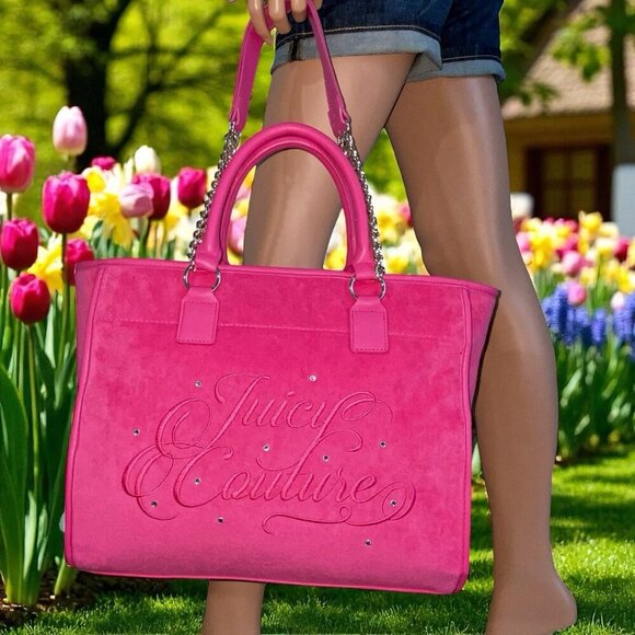Juicy Couture Flash Pink Beach Logo Rhinestone Design Large Tote Bag NWT - Picture 5 of 10